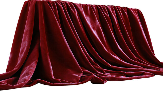 Isolated luxurious draped crimson red velvet fabric with soft, flowing folds and rich texture