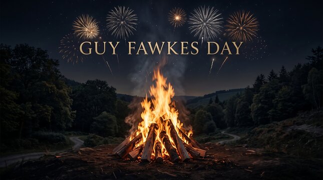Bonfire celebration with fireworks on guy fawkes night background