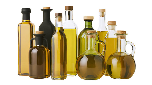 Isolated group of assorted olive oil bottles and cruets with various caps and corks