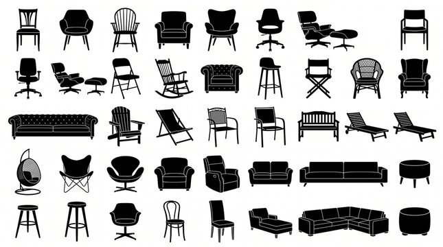 A comprehensive vector grid of black furniture silhouettes, featuring diverse chairs, armchairs, sofas, sectionals, recliners, barstools, and outdoor patio seating, isolated on pure white background. 