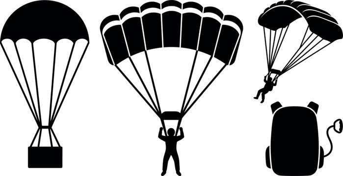 Black silhouettes of three parachutes with figures and a container against a white background parachute