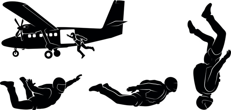 Silhouette of a small airplane and skydivers in various freefall positions against a white background
