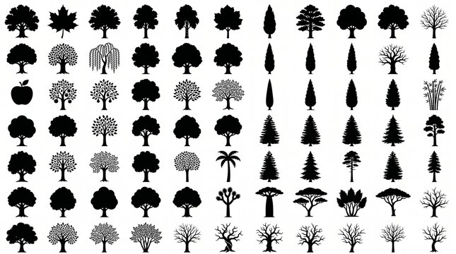 A comprehensive vector grid of 72 diverse black tree silhouettes, including oak, pine, cypress, palm, willow, and bare winter trees, isolated on pure white background.   