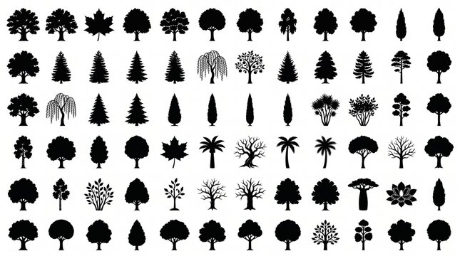 A comprehensive vector grid of 72 diverse black tree silhouettes, including oak, pine, cypress, palm, willow, and bare winter trees, isolated on pure white background.   