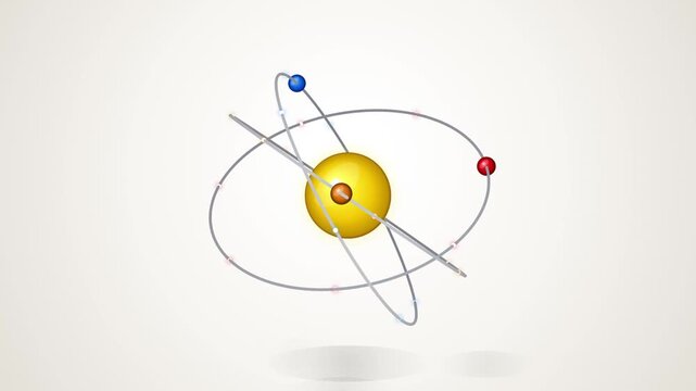 Abstract model of atomic structure with orbiting electrons circling nucleus in scientific animation.
