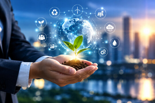 AI generated business hands holding green seedling digital globe renewable energy recycling carbon reduction technology icons for sustainable growth environmental innovation