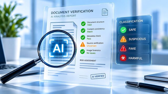 AI document verification analysis report under magnifying glass representing digital content moderation and security check