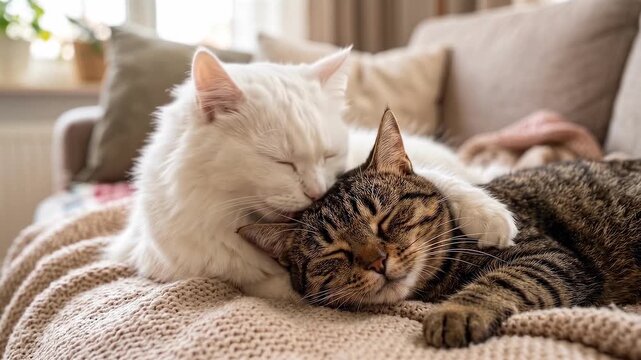 Two adorable cats cuddling together on a cozy blanket indoors.