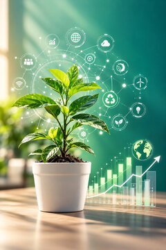 AI generated green plant pot digital sustainability network growth chart for eco business renewable energy innovation environmental technology responsible development