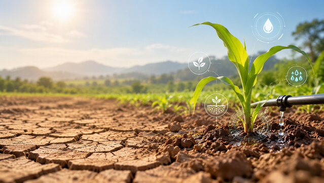 AI generated drought resistant young crop growing dry soil smart drip irrigation digital water conservation monitoring for sustainable climate resilient agriculture