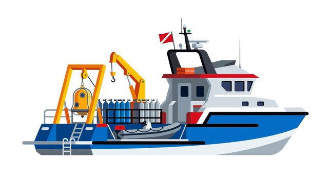 Illustration of a professional scuba diving support vessel