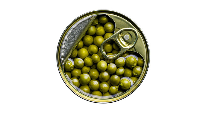Isolated overhead shot of an open metallic tin can filled with green peas in water.