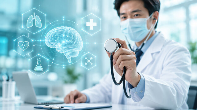 AI generated masked doctor holding stethoscope beside glowing digital brain interface medical icons representing healthcare technology diagnosis research innovation
