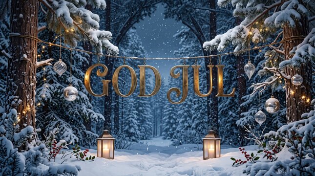 Ultra-realistic Scandinavian Christmas scene with polished antique brass &ldquo;God Jul&rdquo; lettering suspended between snow-covered fir branches in a twilight Nordic forest.