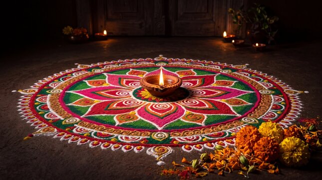 Diwali- festival of lights vektor rangoli pattern with diya lamp