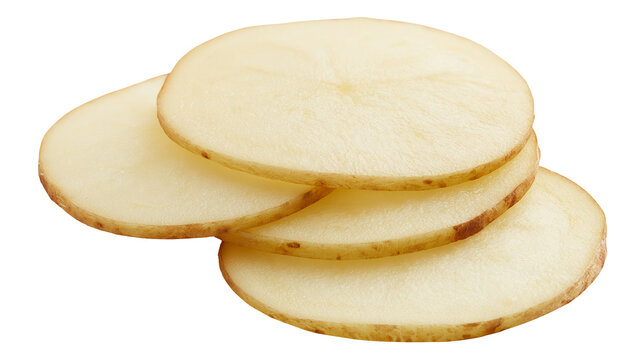 Isolated fresh raw unpeeled potato slices, thinly cut potato rounds, healthy organic vegetable ingredient