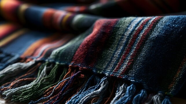 Close up of a colorful woven blanket with fringed edges and rich textile patterns in warm and cool tones