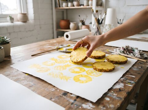 Hand printing geometric pineapple patterns on paper for creative design