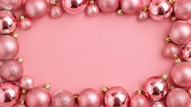 Elegant pink Christmas ornament border with glossy and glitter baubles surrounding a soft pink background with large copy space for festive holiday designs