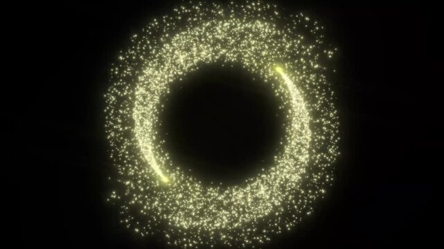 Abstract golden light particles rotating in circular motion with Glittering stars line glowing sparkle trail animation on black background, gold glitter rotation circle sparkle, 4k pixie dust path