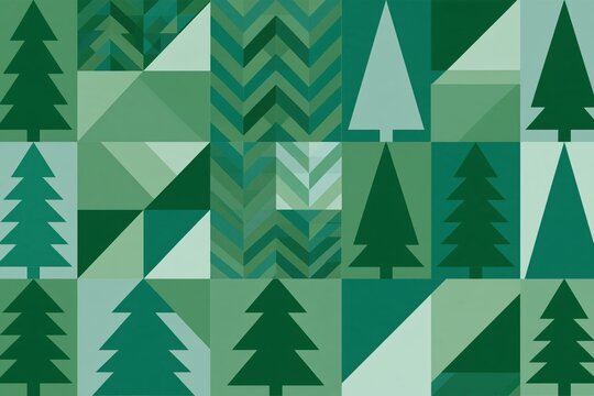 Seamless Scandinavian-Style Geometric Christmas Tree and Triangle Grid Pattern in Shades of Green