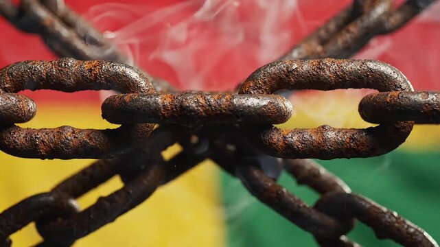 Rusty Iron Chains Against Blurred Red Yellow Green Background
