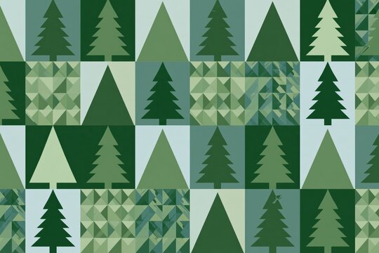 Seamless Scandinavian-Style Geometric Christmas Tree and Triangle Grid Pattern in Shades of Green