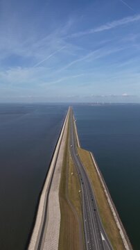 Vertical Aerial View of Afsluitdijk Flood Barrier in the Netherlands