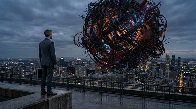 Man in suit observes surreal, chaotic orb over futuristic city skyline at dusk