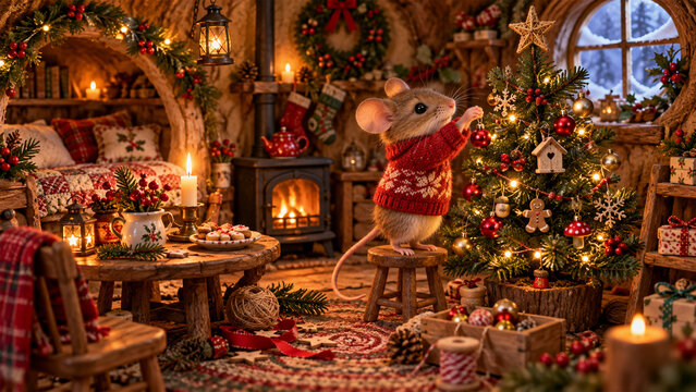Cute mouse in red knitted Christmas sweater decorating a glowing Christmas tree inside a cozy rustic cottage with fireplace, gifts and festive holiday decorations