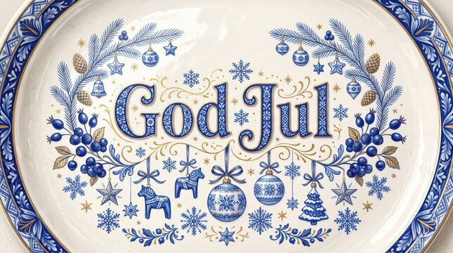 Luxurious Scandinavian Christmas greeting card with hand-painted porcelain &ldquo;God Jul&rdquo; lettering surrounded by intricate blue-and-white Nordic botanical ornaments and delicate gold accents.
