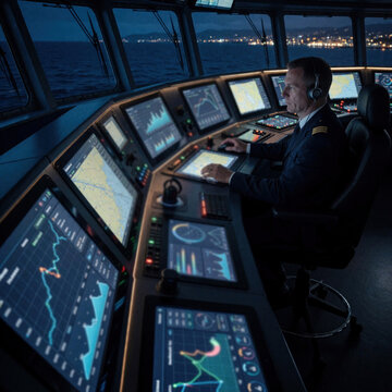 Male maritime officer works on compliance management dashboard in ship bridge at night. Captain monitors nautical navigation system, maritime regulation data, corporate governance metrics on multiple