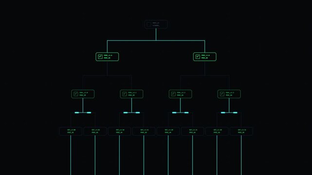 Multi-Tier Flowchart Logic Pipeline Process Tree Diagram Tech Motion Background - 4K 60fps Infinite Loop