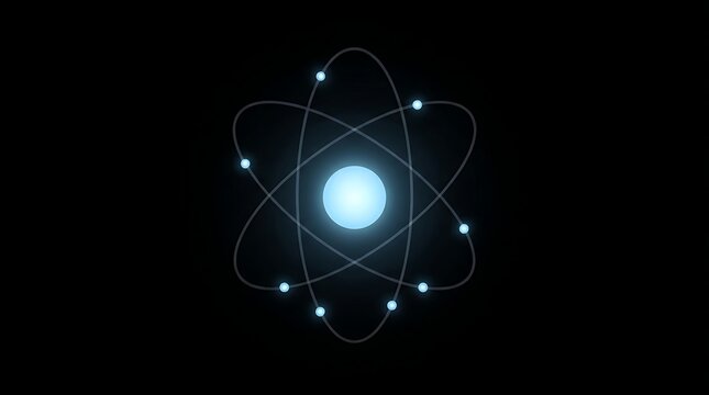 Glowing blue atom model with orbiting electrons on a solid black background, scientific diagram of atomic structure