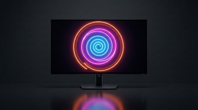 Computer monitor displaying a glowing, multicolored neon spiral pattern against a dark background, with a reflective, surface below