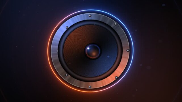 Subwoofer speaker pulsing with glowing neon rings audio visualizer loop motion graphics