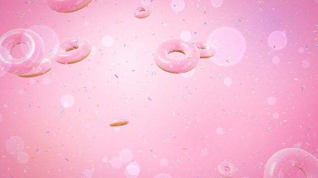 Pink glazed donuts falling with colorful sprinkles on sweet background