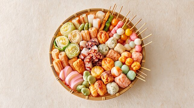 Top view of assorted colorful Japanese skewers and traditional appetizers arranged in a round bamboo basket