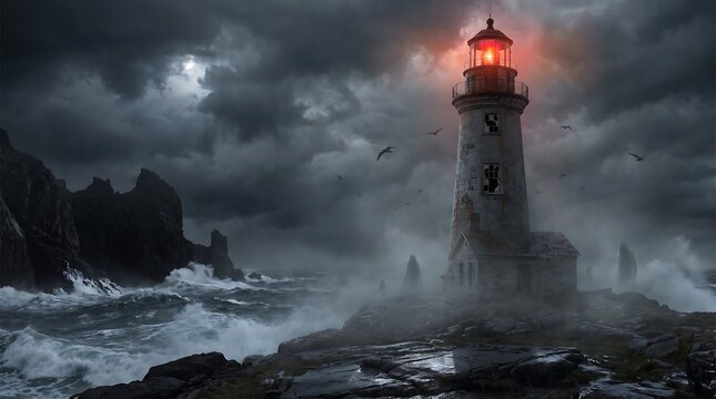 Lighthouse with Glowing Red Light in a Stormy Sea at Night