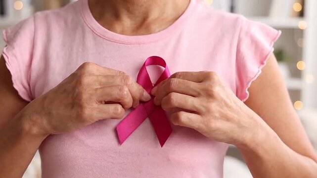 oman pinning pink breast cancer awareness ribbon 
