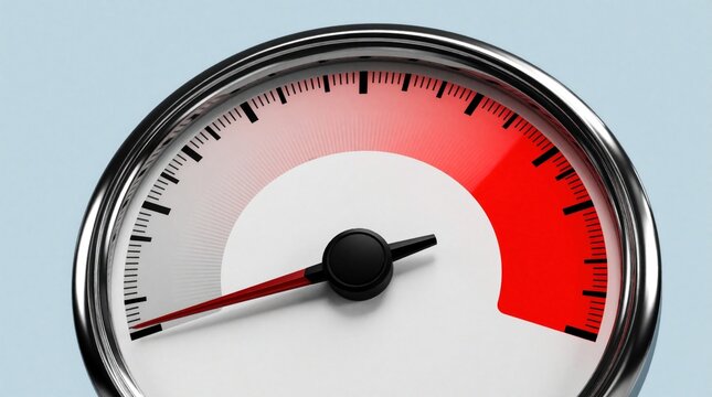 3D speedometer needle points to red zone on gauge. Close up view of dashboard instrument showing high speed extreme pressure. Red danger area indicates maximum limit, risk. Modern minimalist design
