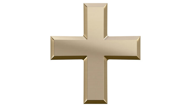 Isolated three dimensional shiny golden metallic plus sign symbol representing addition or positive concept.