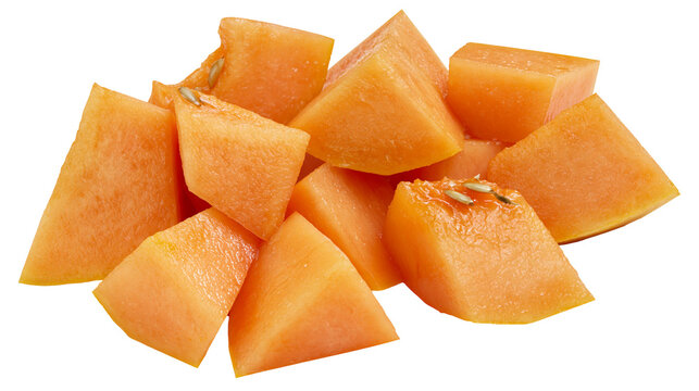 Isolated fresh sweet juicy cantaloupe melon pieces, healthy ripe tropical summer fruit cubes cut