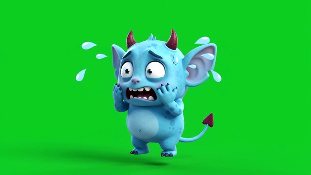 Cute blue devil cartoon character looking scared and sweating on green screen background