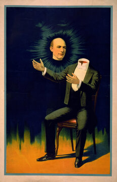 Vintage magic performance poster of a headless man with glowing floating head above