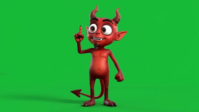 Funny devil cartoon character standing and pointing finger up on green background