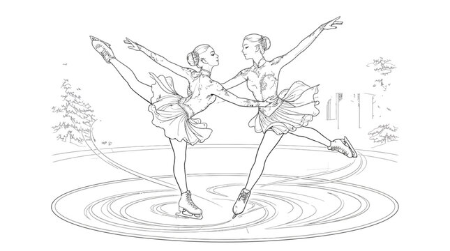 Female ice skaters performing synchronized routine on rink with copy space