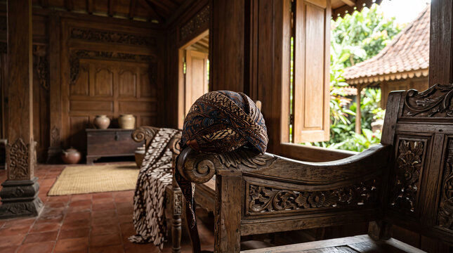 Traditional Javanese blangkon displayed inside an authentic-inspired Javanese cultural interior with batik and carved wood