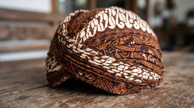 Close-up view highlighting the folded construction, stitching and batik textile details of a traditional Javanese blangkon