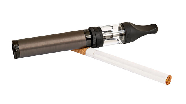 Isolated modern e-cigarette vape device resting on a classic tobacco cigarette